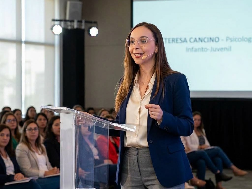 Teresa Cancino Henríquez dando una charla de pie frente a un auditorio